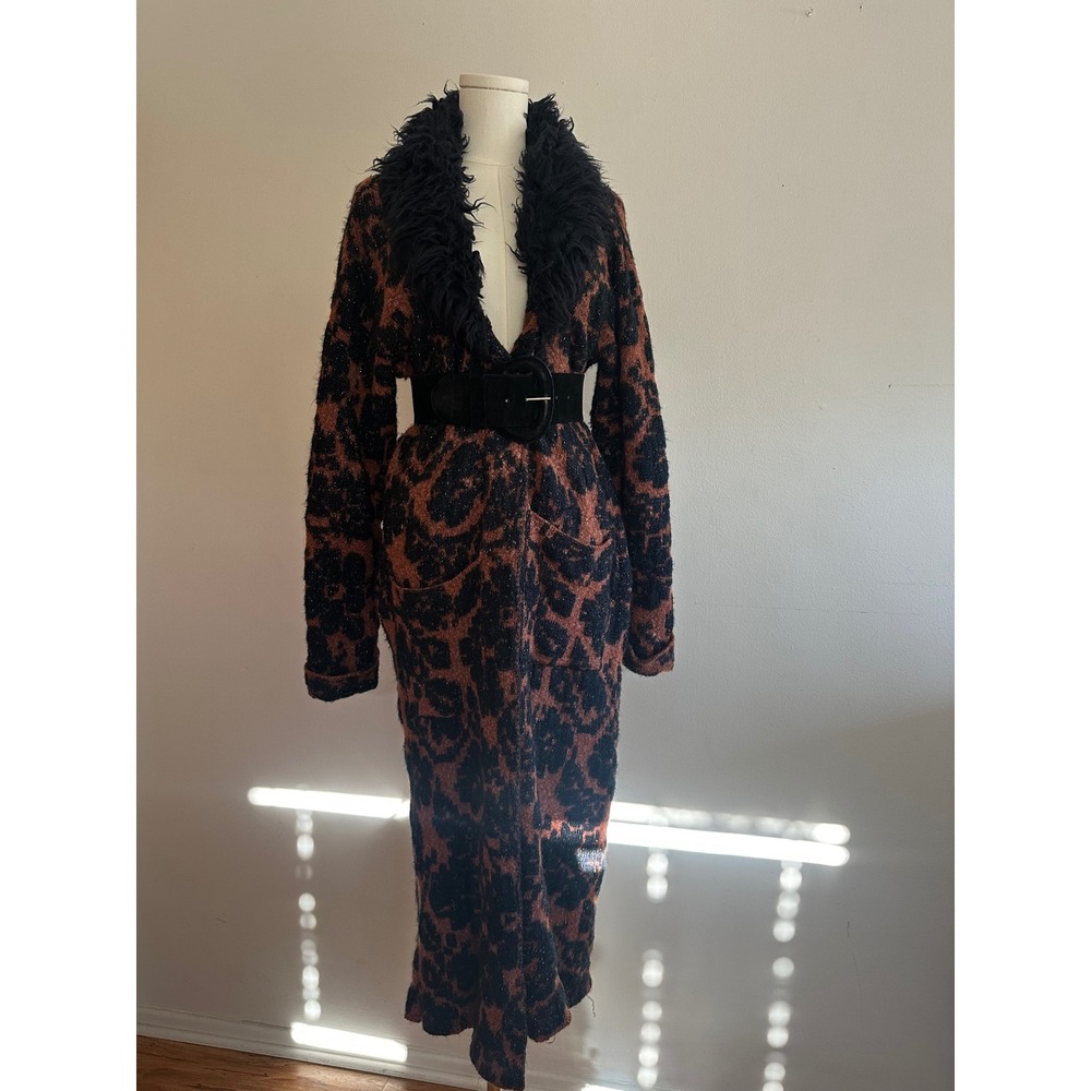 Anthropologie Leopard Jacquard Maxi Cardigan Faux Fur Collar Duster Sweater XL
